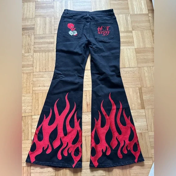 Dolls Kill Black and Red Flame Boot Cut Jeans - Picture 2 of 9